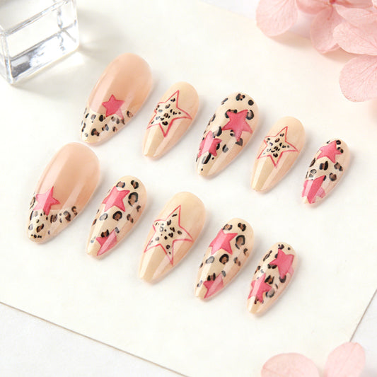 Glamorous Starry Leopard Shape Long Almond Pink and Beige Nail Set with Unique Animal Print Design
