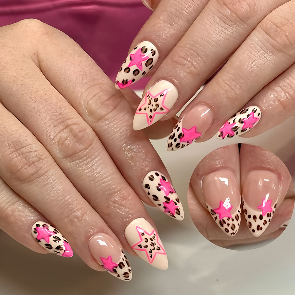 Fierce Safari Long Almond Pink and Beige Star Patterned Press on Nail Set