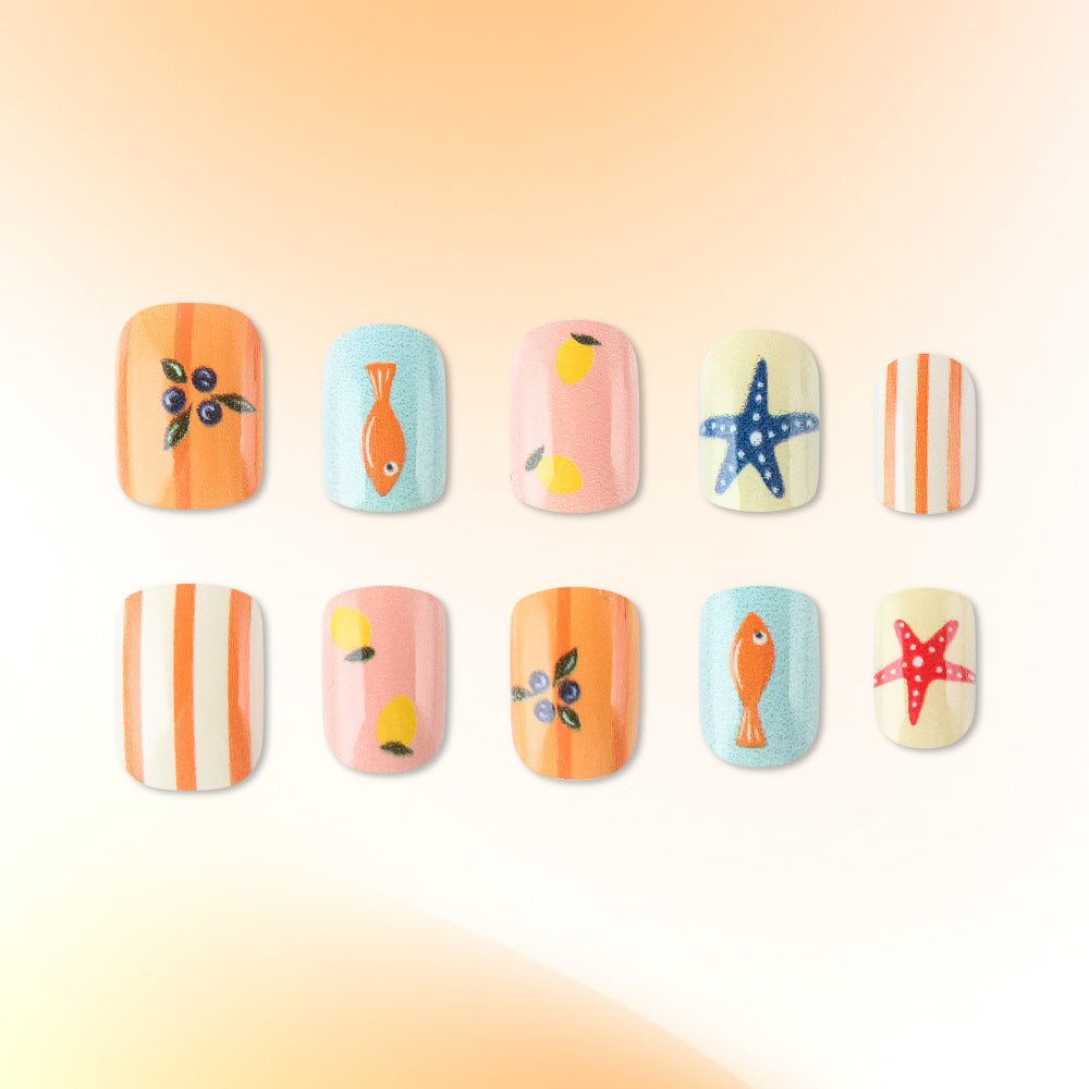 Ocean Breeze Vibrant Short Square Press-On Nail Set Featuring Whimsical Underwater Designs