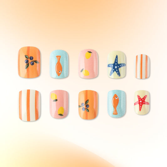 Ocean Breeze Vibrant Short Square Press-On Nail Set Featuring Whimsical Underwater Designs