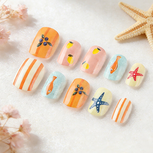 Ocean Breeze Sunset Inspired Press-On Nail Set Short Square Warm Orange and Soft Pastel Colors with Charming Sea Life Designs