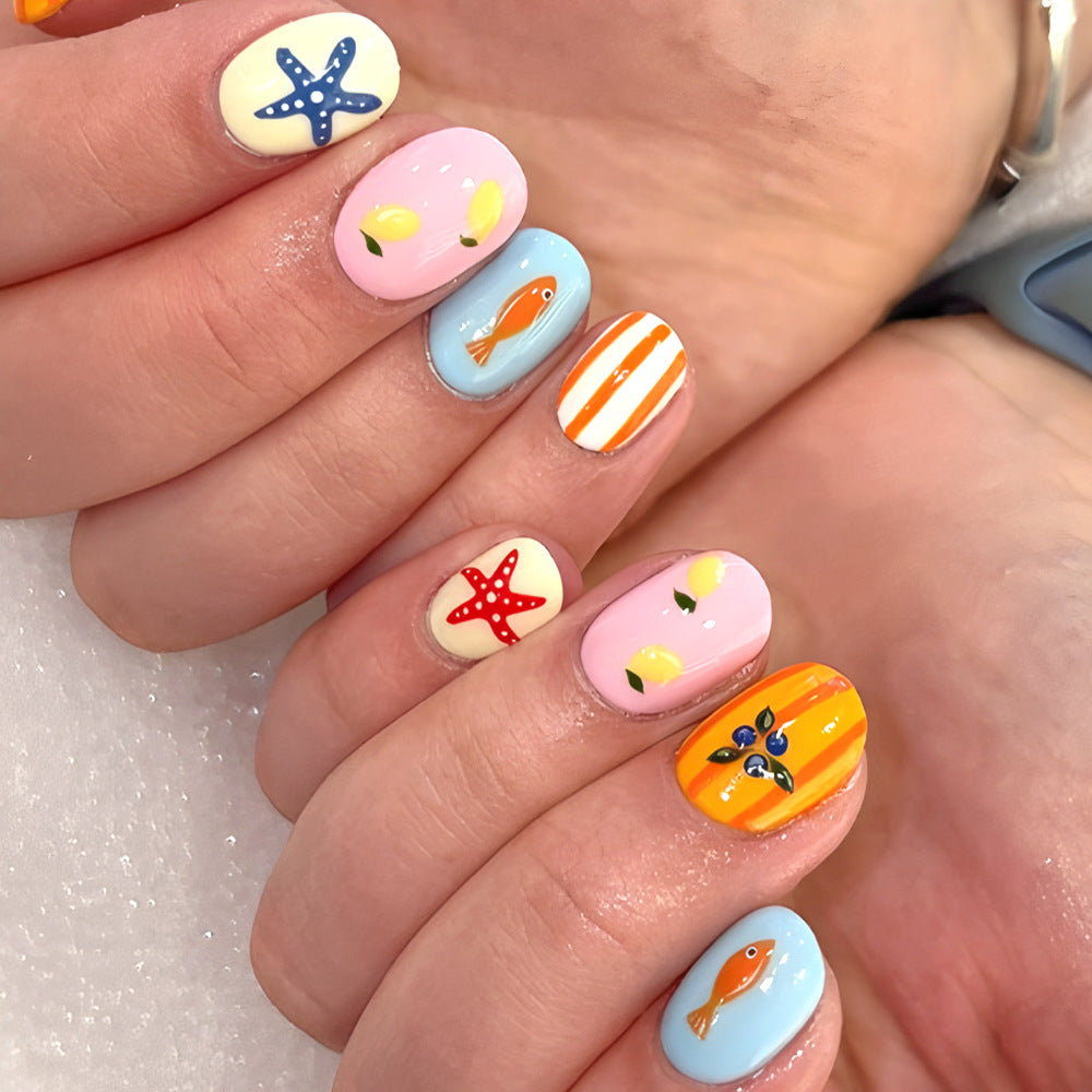 Ocean Breeze Short Square Blue and Pink Nail Set with Fun Marine Life Design