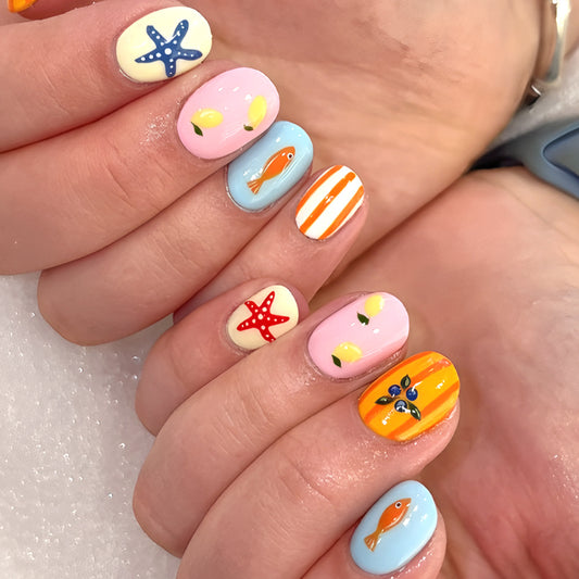 Ocean Breeze Short Square Blue and Pink Nail Set with Fun Marine Life Design