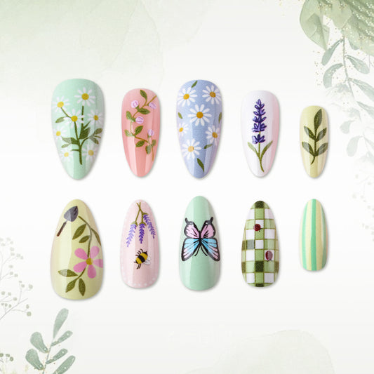 Botanical Bliss Long Almond Mint Green Floral Art Press On Nail Set