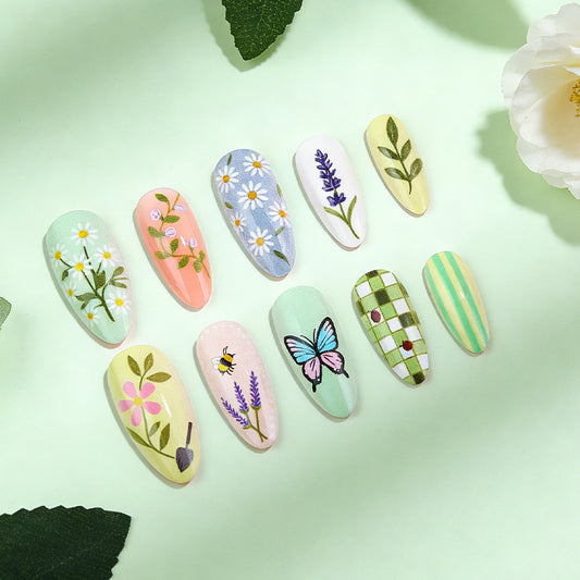 Garden Party Long Almond Multi-Colored Floral Design Press On Nail Set