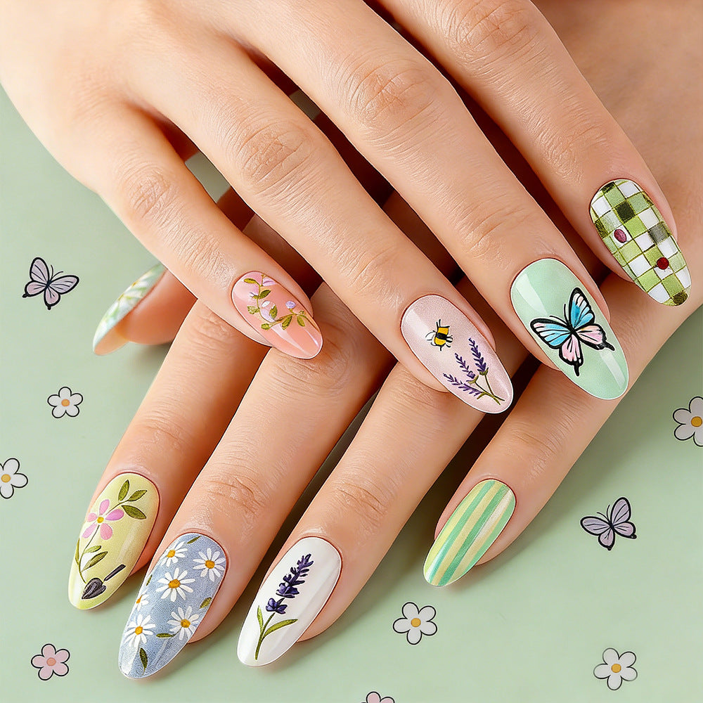Garden Bliss Long Almond Green Floral Press on Nail Set with Unique Butterfly Design