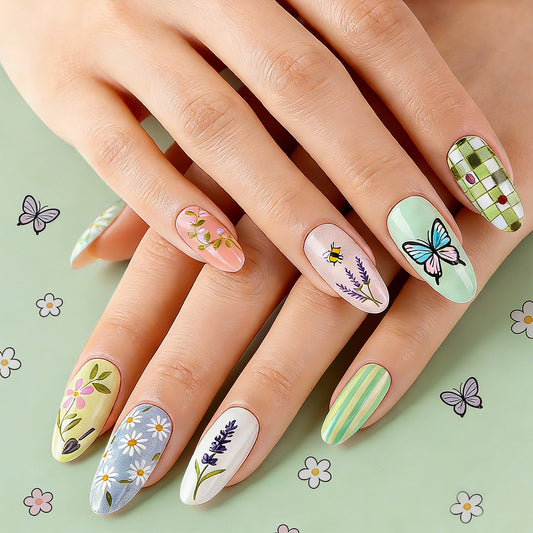 Garden Bliss Long Almond Green Floral Press on Nail Set with Unique Butterfly Design