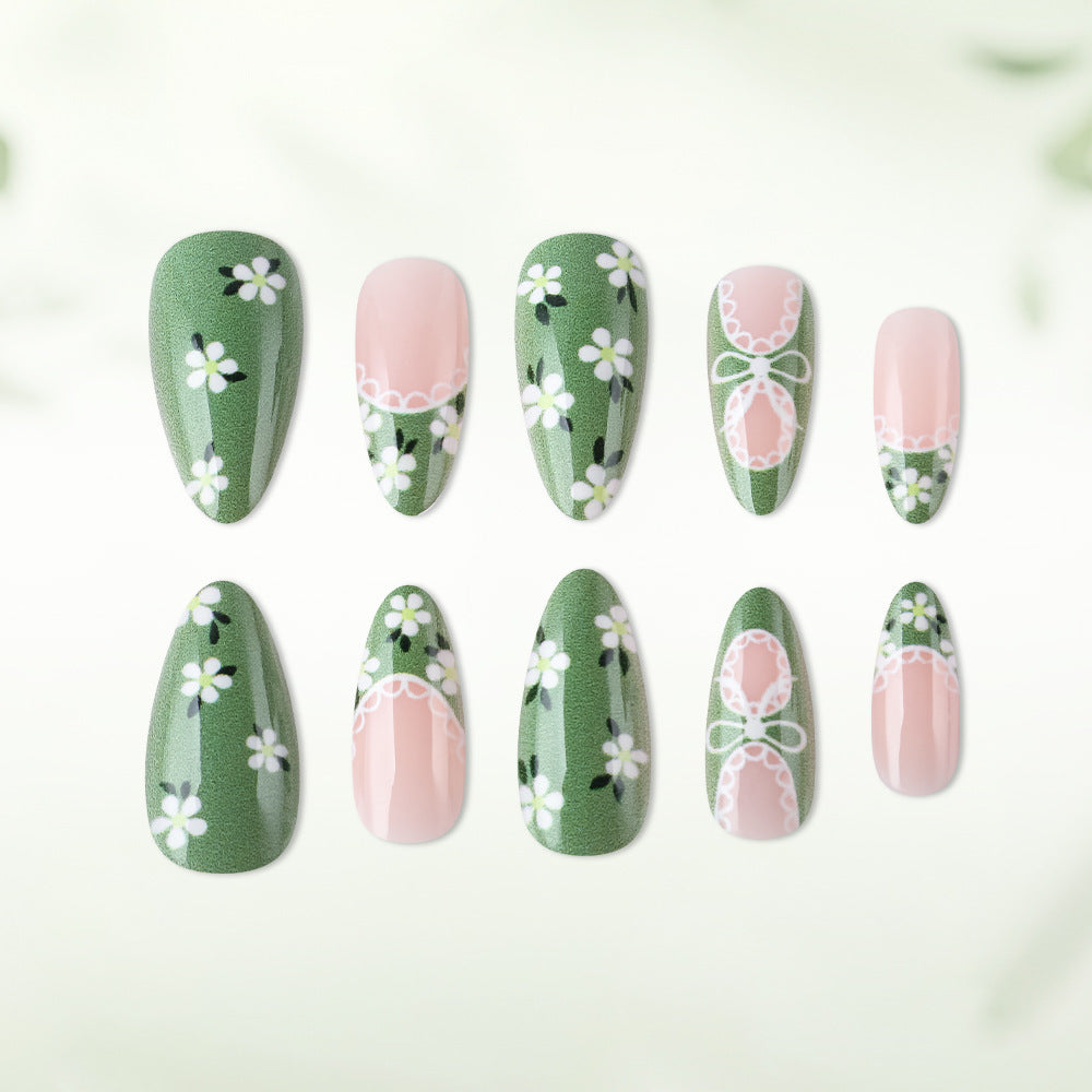 Charming Garden Themed Long Almond Shaped Green and Pink Floral Press On Nail Set with Delicate Lace Accents