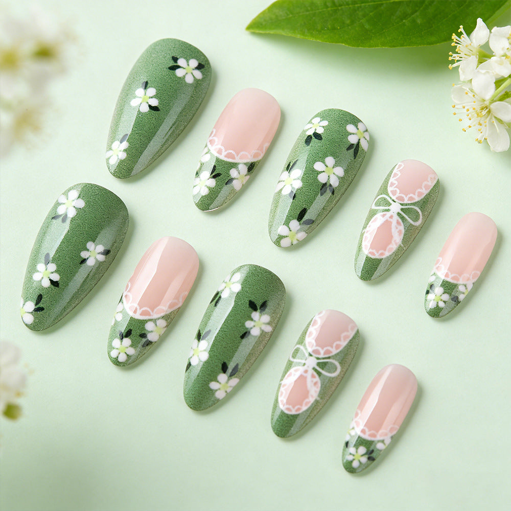Whimsical Garden Long Almond Green Floral Design Press On Nail Set