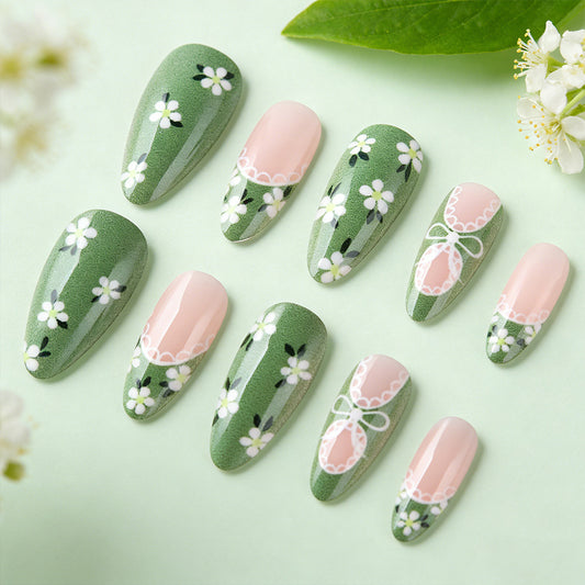 Whimsical Garden Long Almond Green Floral Design Press On Nail Set