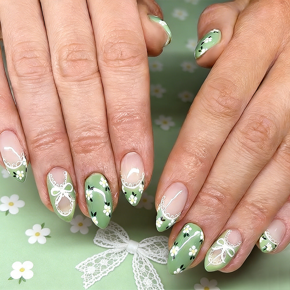 Spring Blossom Elegant Long Almond Green Floral Press On Nail Set