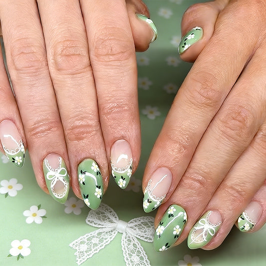 Spring Blossom Elegant Long Almond Green Floral Press On Nail Set
