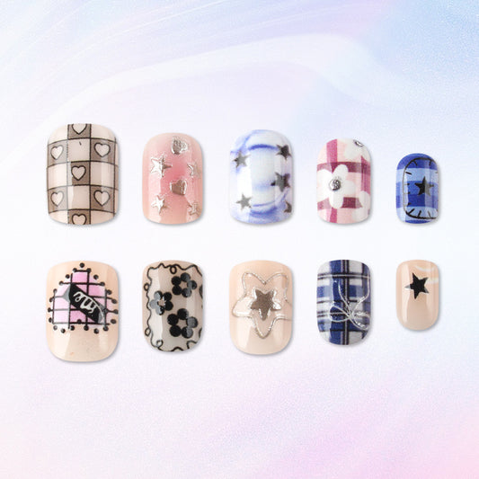 Whimsical Floral Dream Press on Nail Set Short Square Pastel Pink and Blue with Unique Star and Heart Designs