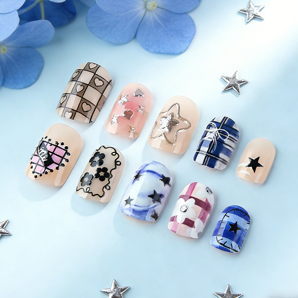Charming Dreamscape Short Square Pastel Press On Nail Set with Unique Star and Heart Designs