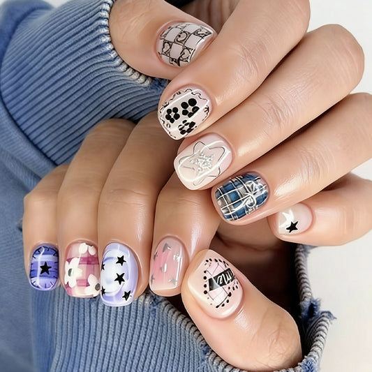 Charming Floral Fantasy Short Square Pastel Press On Nail Set with Unique Patterned Designs