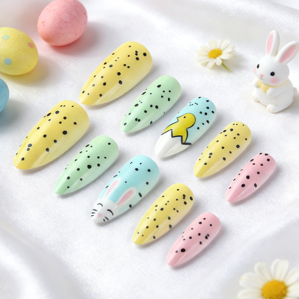 Easter Celebration Long Almond Yellow Green Blue Pink Speckled Bunny Theme Press On Nail Set