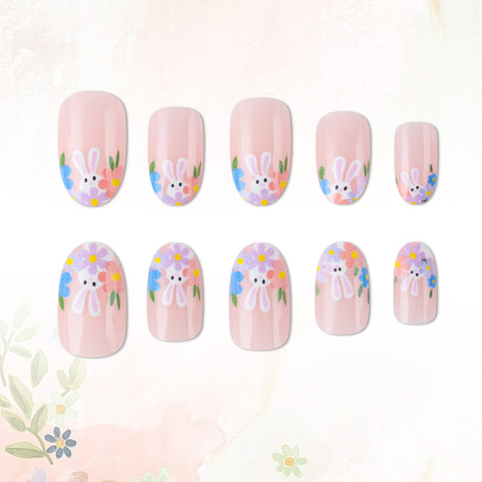 Springtime Delight Long Oval Pastel Pink Bunny Floral Press On Nail Set