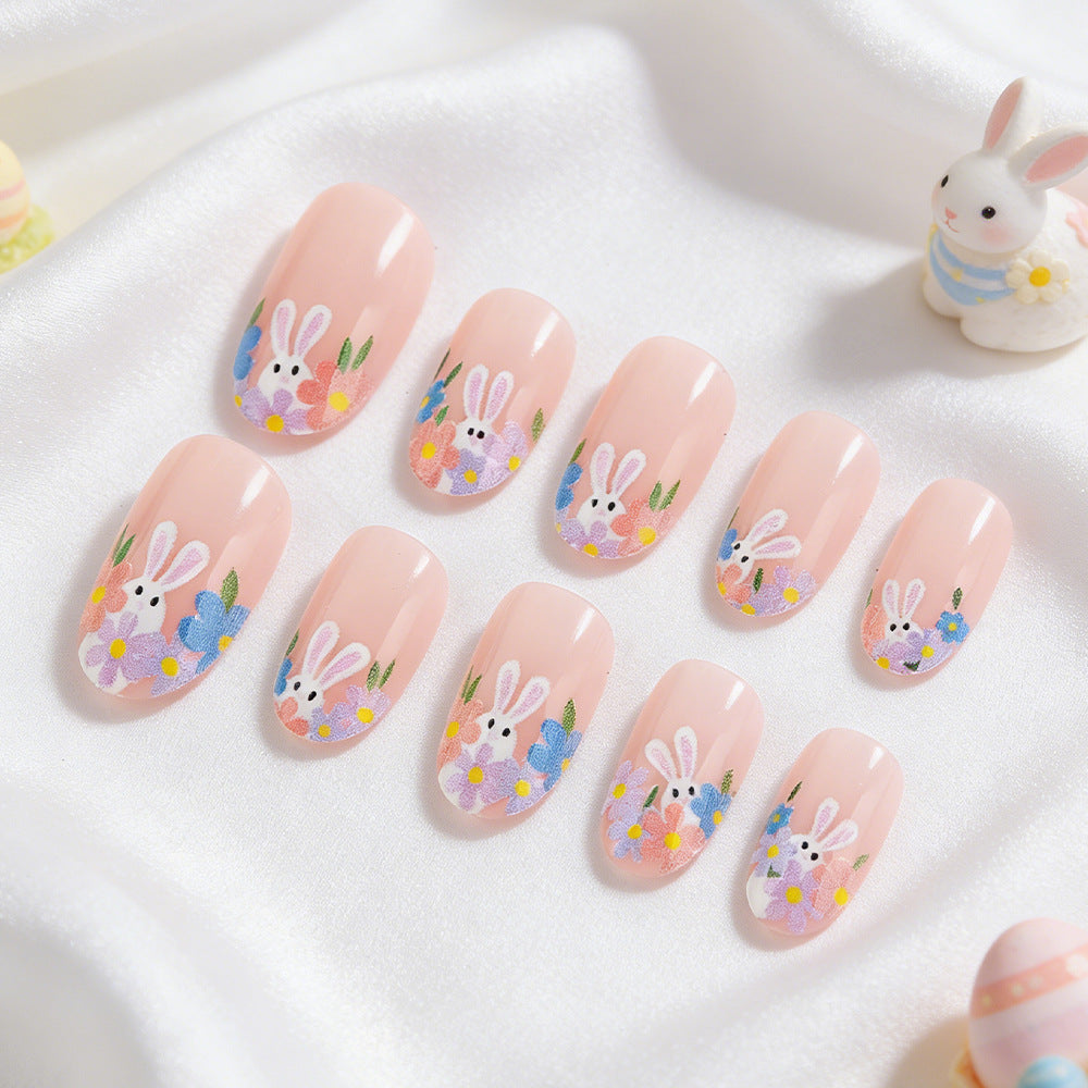 Easter Garden Blossom Long Oval Pink Floral Bunny Press On Nail Set