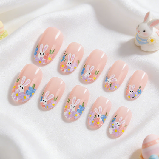 Easter Garden Blossom Long Oval Pink Floral Bunny Press On Nail Set