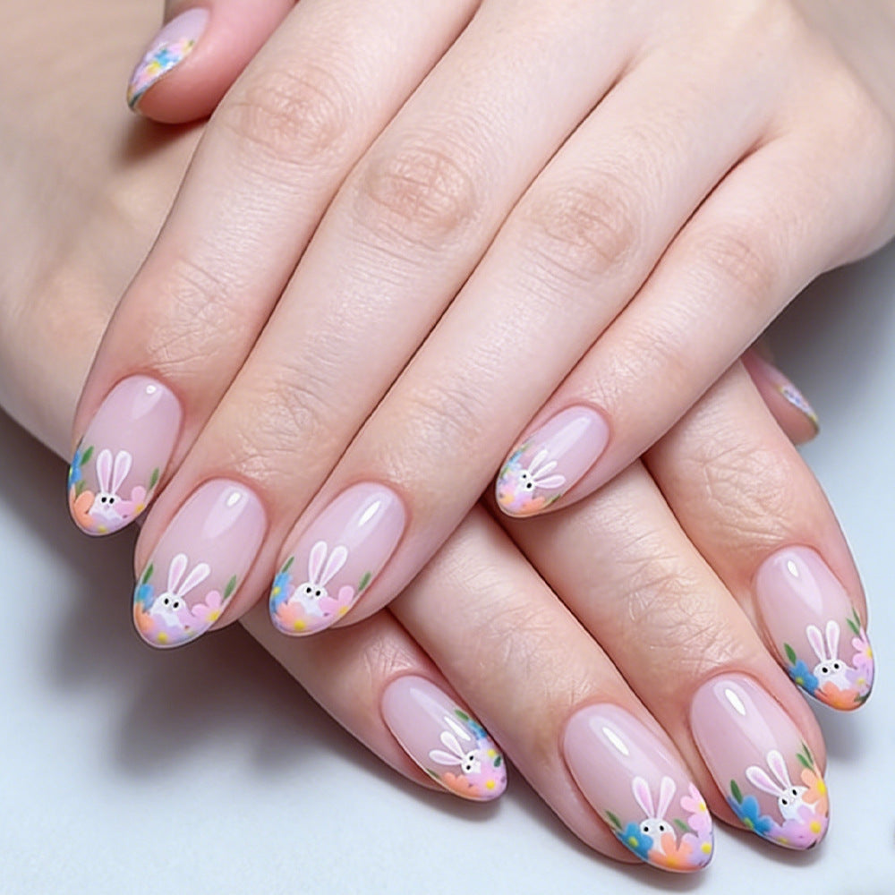 Springtime Charm Elegant Medium Oval Shaped Light Pink Press On Nail Set with Floral Bunny Design