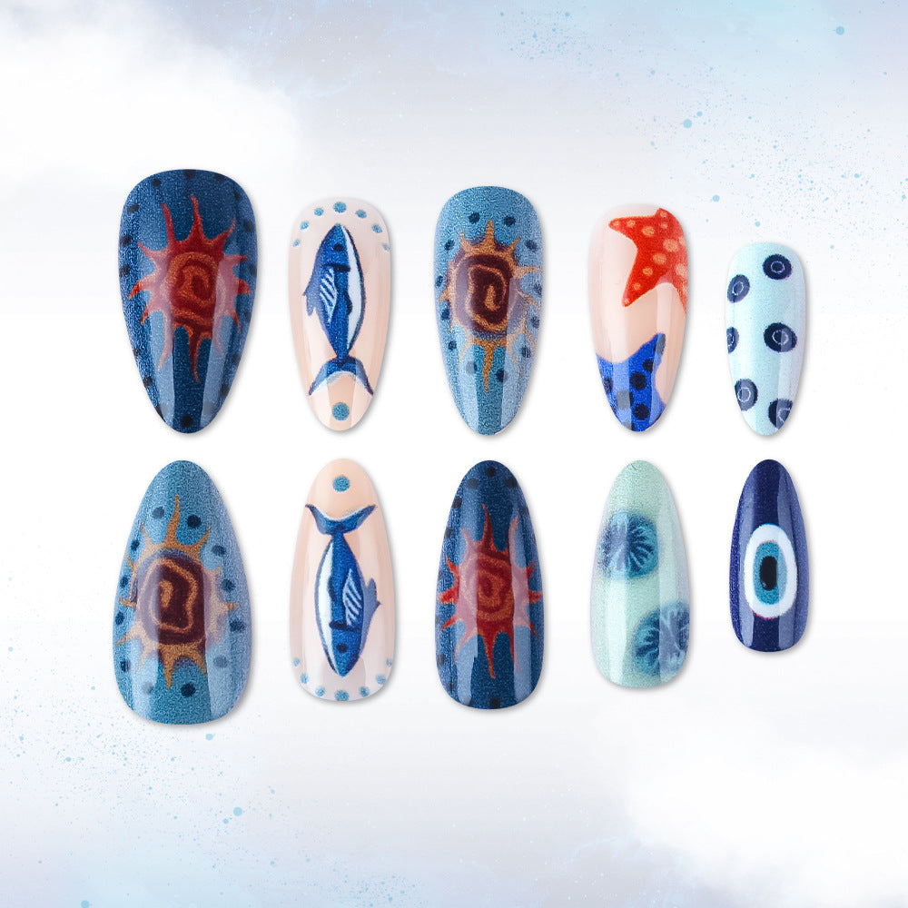 Oceanic Dreams Vibrant Long Almond Blue with Unique Sea Life Designs Press On Nail Set