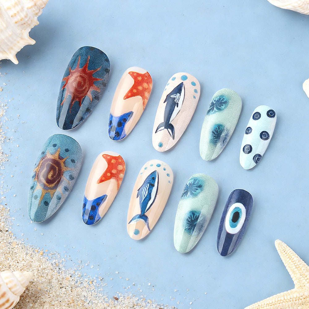Oceanic Dream Press On Nail Set Long Almond Blue Green and Coral Vibrant Underwater Art Designs