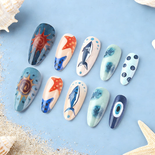 Oceanic Dream Press On Nail Set Long Almond Blue Green and Coral Vibrant Underwater Art Designs