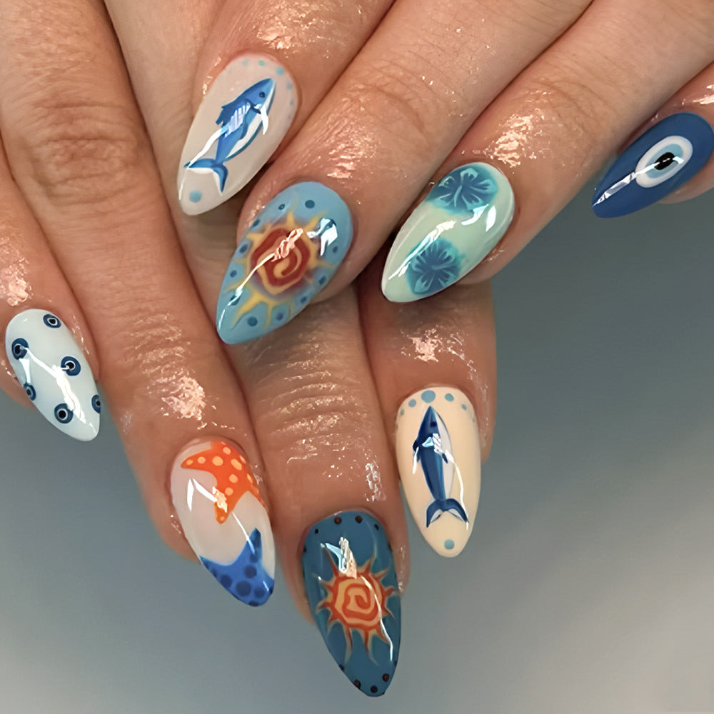 Ocean Breeze Elegant Long Almond Blue Design with Unique Marine Artistry Press On Nail Set