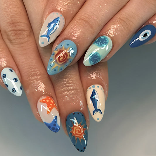 Ocean Breeze Elegant Long Almond Blue Design with Unique Marine Artistry Press On Nail Set