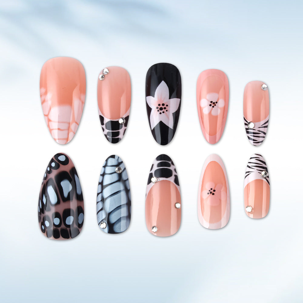 Chic Floral Escape Long Almond Pink and Black Patterns with Sparkling Accent Gems Press-On Nail Set