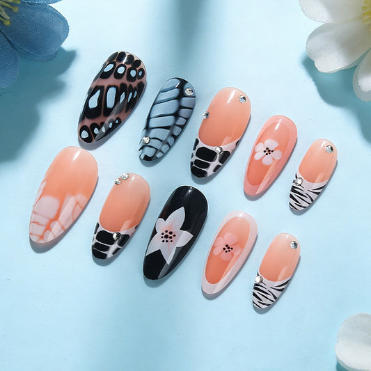 Bohemian Vibes Long Almond Peach and Black Elegant Floral Design Press-On Nail Set with Rhinestone Accents