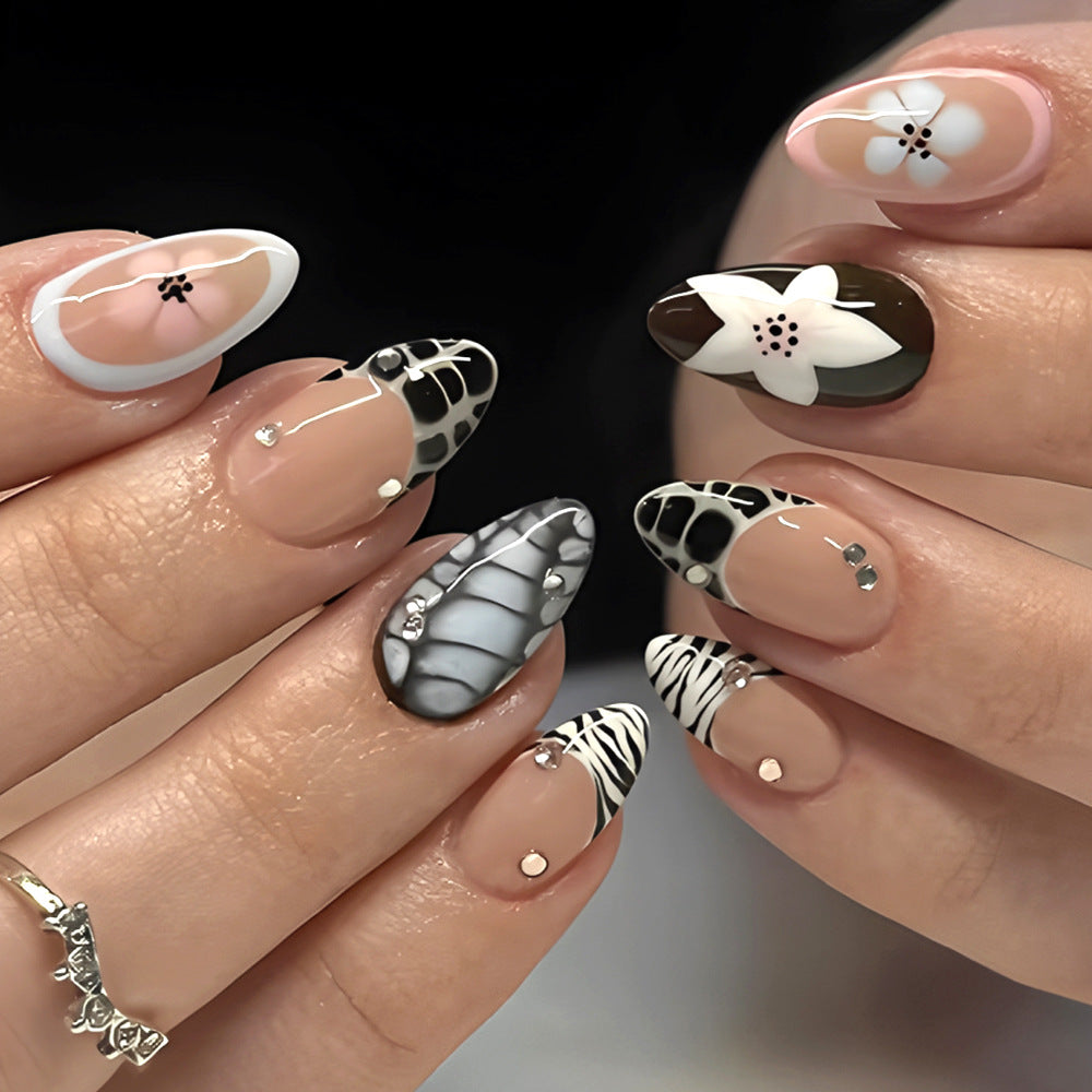 Mystical Elegance Long Almond Glossy Beige with Floral and Geometric Designs