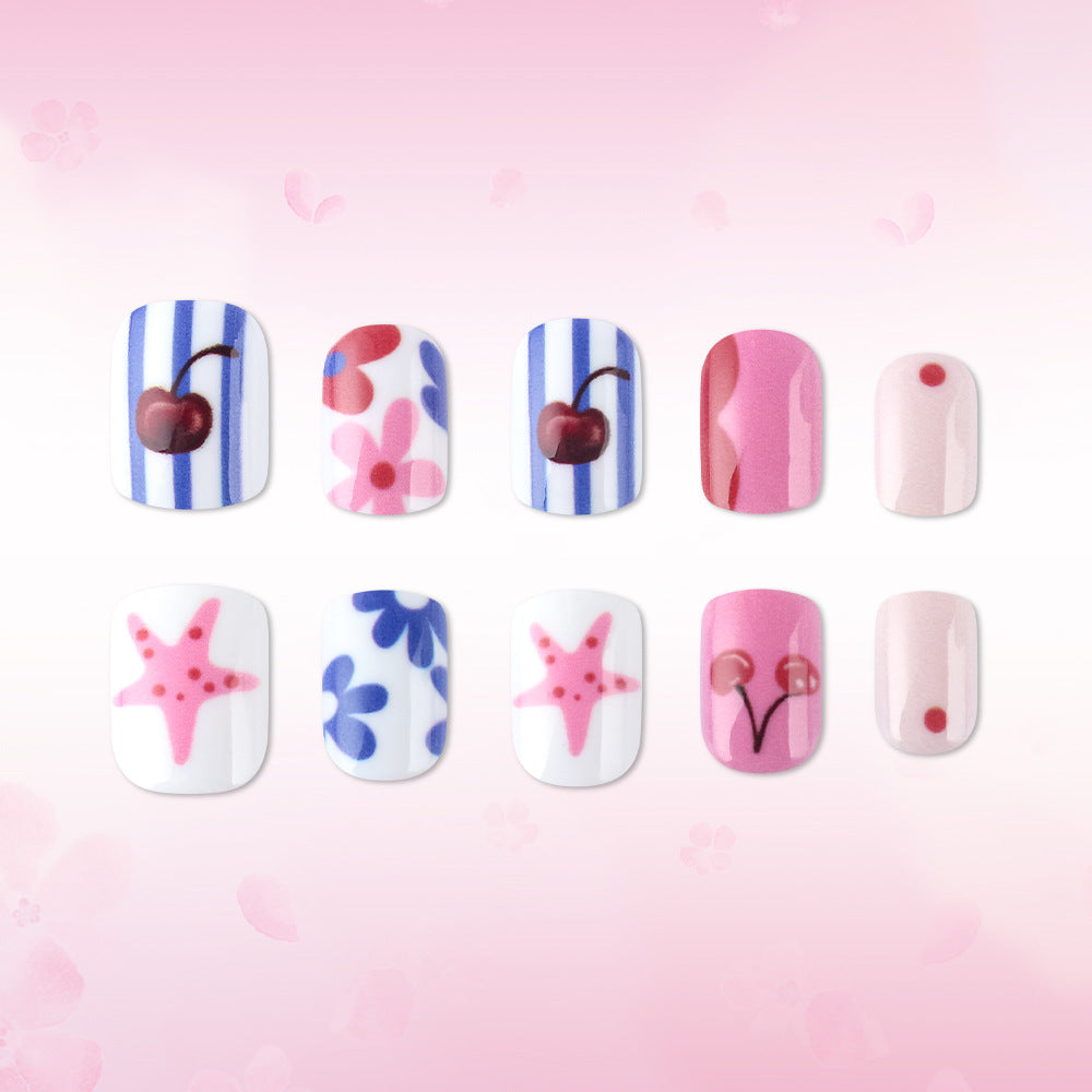 Blossom Dreams Short Square Cherry and Star Pattern Press-On Nail Set in Pastel Pink and Blue