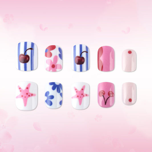 Blossom Dreams Short Square Cherry and Star Pattern Press-On Nail Set in Pastel Pink and Blue