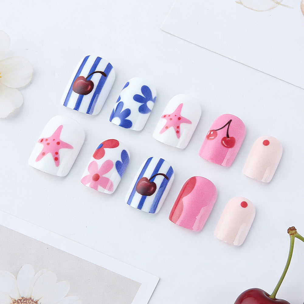 Tropical Paradise Short Square White and Pink Floral Press On Nail Set with Unique Cherry and Starfish Designs
