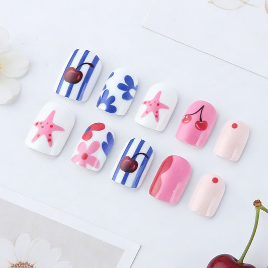 Tropical Paradise Short Square White and Pink Floral Press On Nail Set with Unique Cherry and Starfish Designs