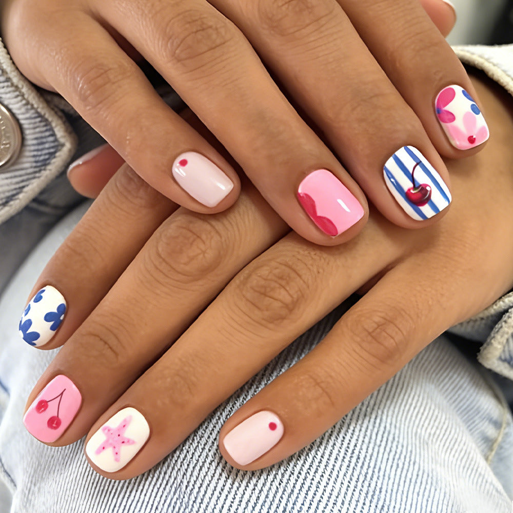 Tropical Paradise Short Square Light Pink with Fun Cherry and Starfish Designs Press on Nail Set