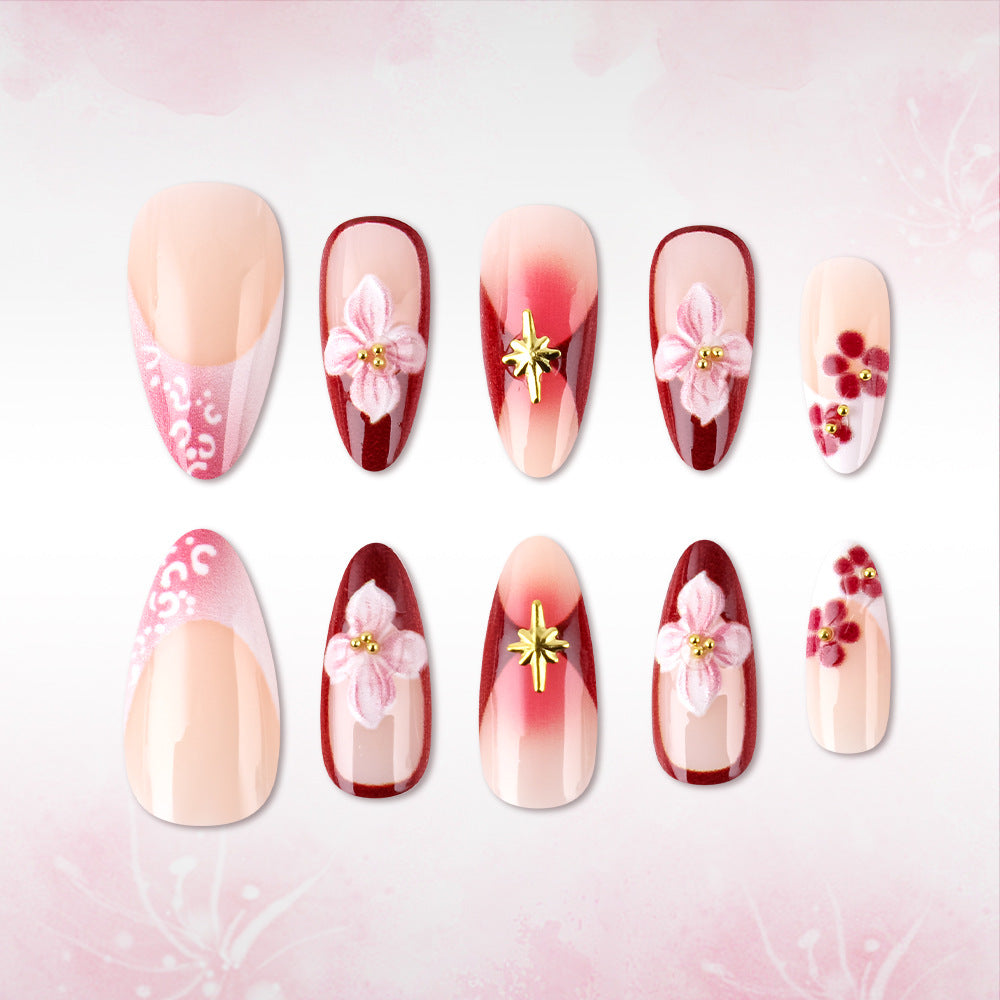 Blossom Elegance Long Almond Pink and Red Floral Accent Press On Nail Set