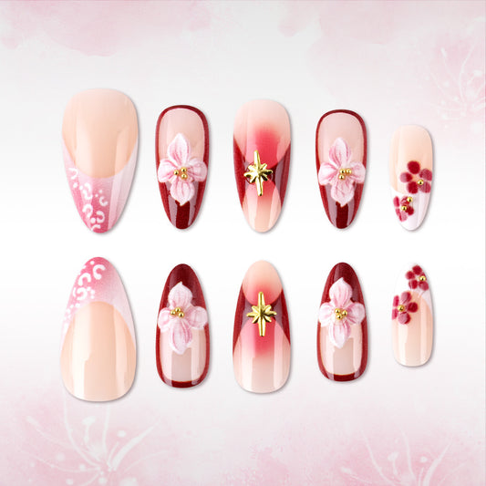 Blossom Elegance Long Almond Pink and Red Floral Accent Press On Nail Set
