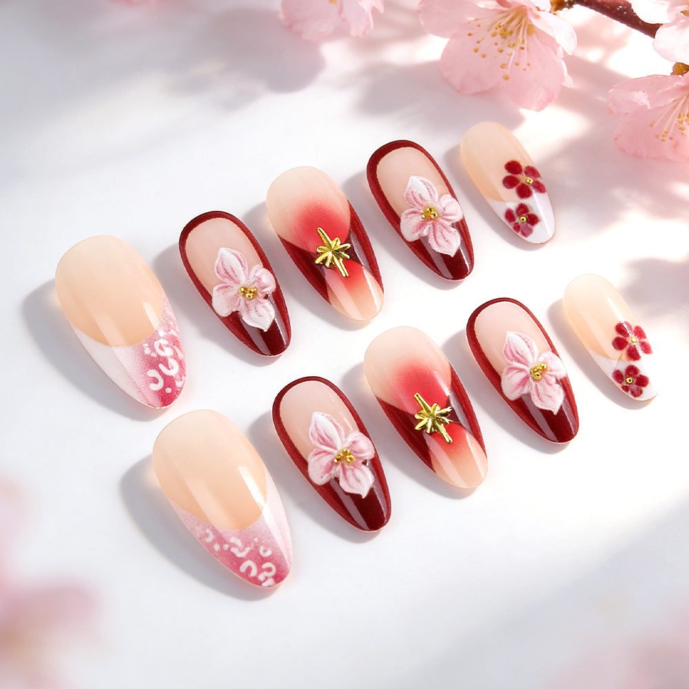 Cherry Blossom Elegance Long Almond Red and Pink Ombre with Floral Accents Press-On Nail Set
