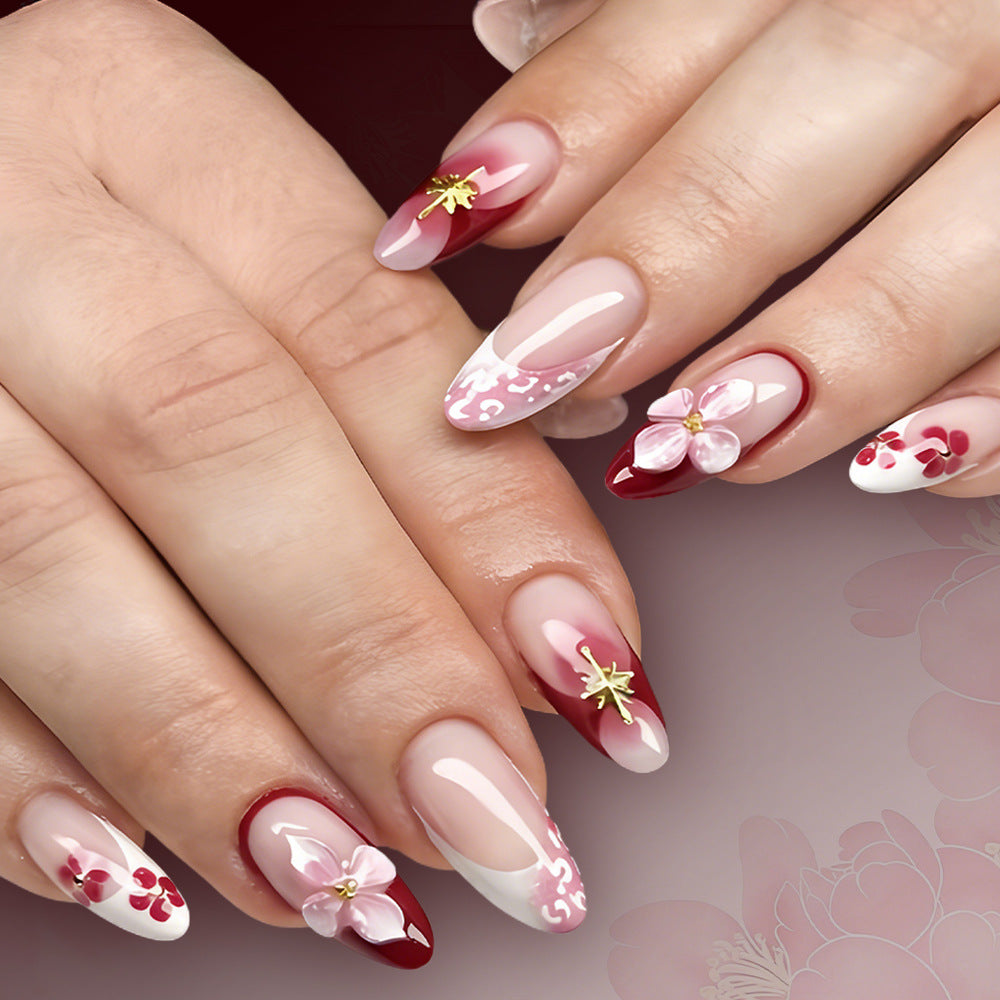 Cherry Blossom Elegance Long Almond Pink and Red with Floral Accents Press On Nail Set
