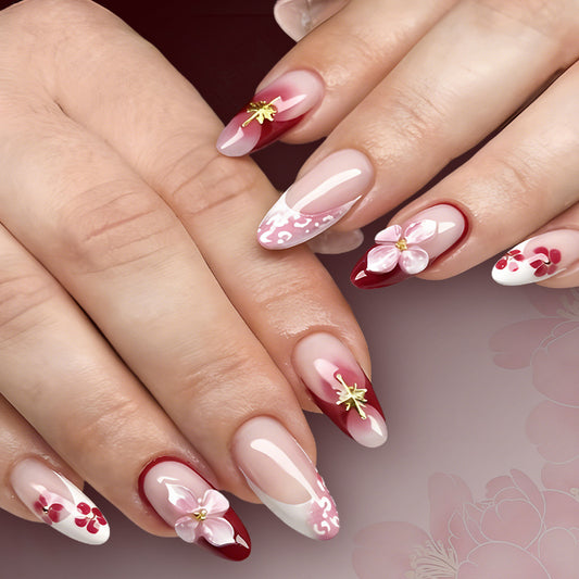 Cherry Blossom Elegance Long Almond Pink and Red with Floral Accents Press On Nail Set