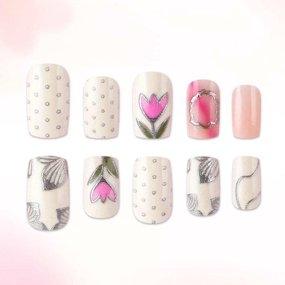 Blooming Elegance Short Square Ivory Pink Floral Design Press On Nail Set
