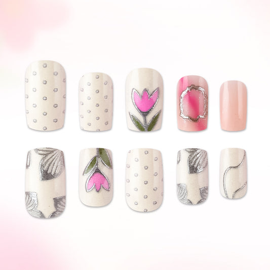Blooming Elegance Short Square Ivory Pink Floral Design Press On Nail Set