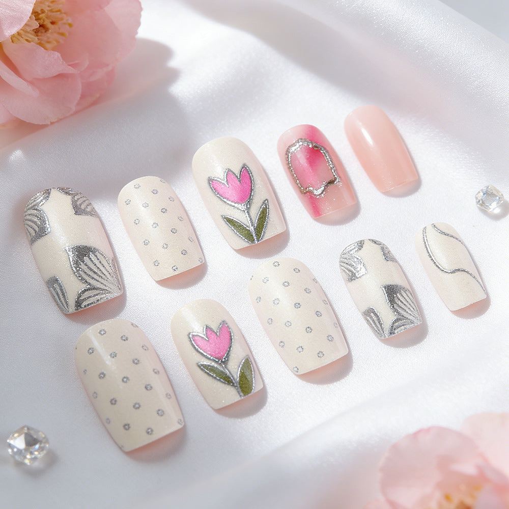 Spring Blossom Inspired Short Square Creamy Pink Press on Nail Set with Delicate Floral and Silver Accents