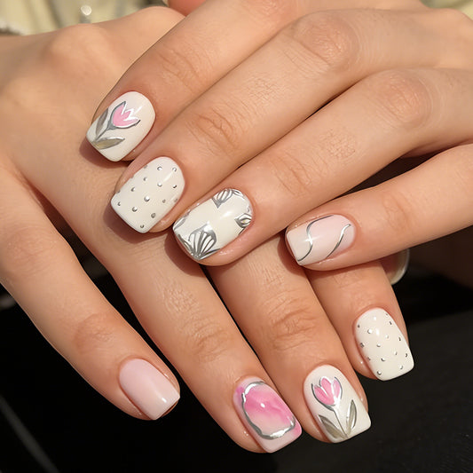 Blooming Beauty Square Short White Floral Press On Nail Set with Textured Tips