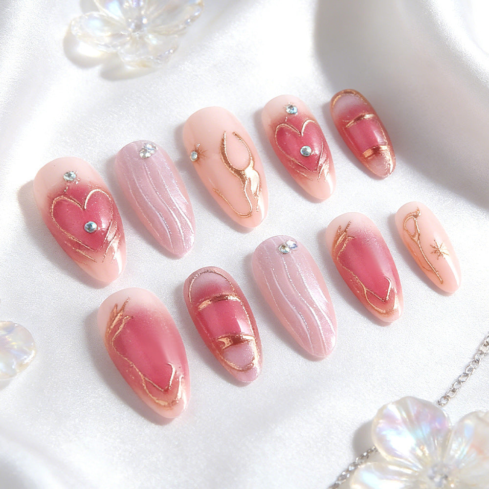 Romantic Elegance Long Almond Shaped Soft Pink with Gold Accents and Rhinestone Details Press On Nail Set