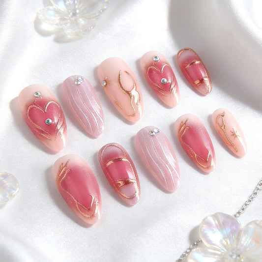 Romantic Elegance Long Almond Shaped Soft Pink with Gold Accents and Rhinestone Details Press On Nail Set