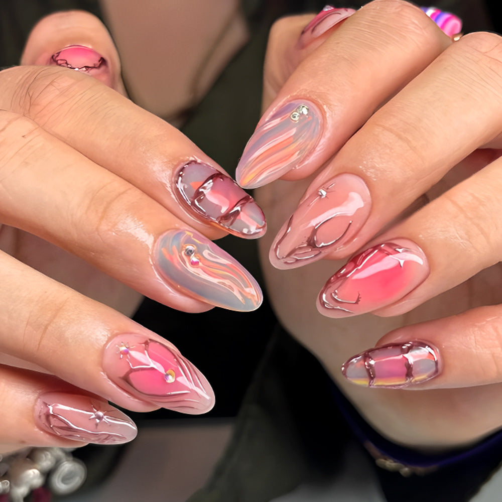 Whimsical Dreamscape Long Almond Pink Ombré with Glossy Swirls and Sparkling Accents Press-On Nail Set