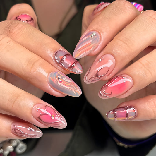 Whimsical Dreamscape Long Almond Pink Ombré with Glossy Swirls and Sparkling Accents Press-On Nail Set